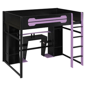 English Elm Full-Size Gaming Loft Bed with RGB Lighting Desk Wardrobe and USB Charging Hub Purple LT000459AAI