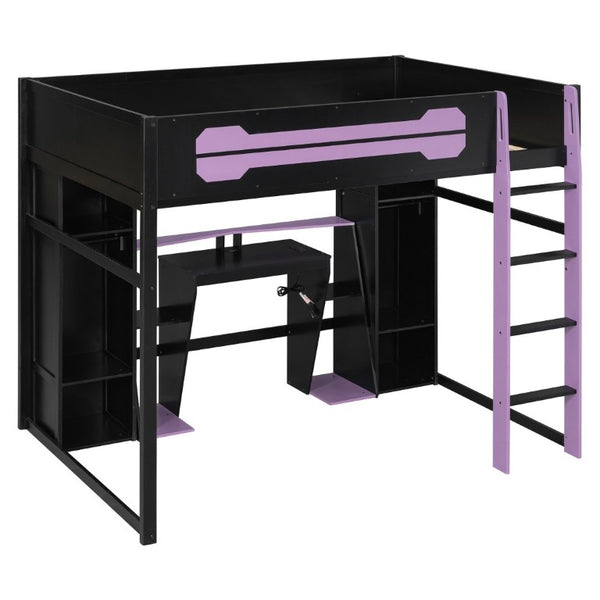 English Elm Full-Size Gaming Loft Bed with RGB Lighting Desk Wardrobe and USB Charging Hub Purple LT000459AAI