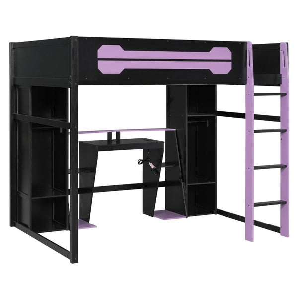 English Elm Full-Size Gaming Loft Bed with RGB Lighting Desk Wardrobe and USB Charging Hub Purple LT000459AAI