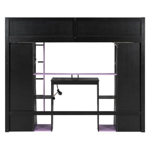 English Elm Full-Size Gaming Loft Bed with RGB Lighting Desk Wardrobe and USB Charging Hub Purple LT000459AAI