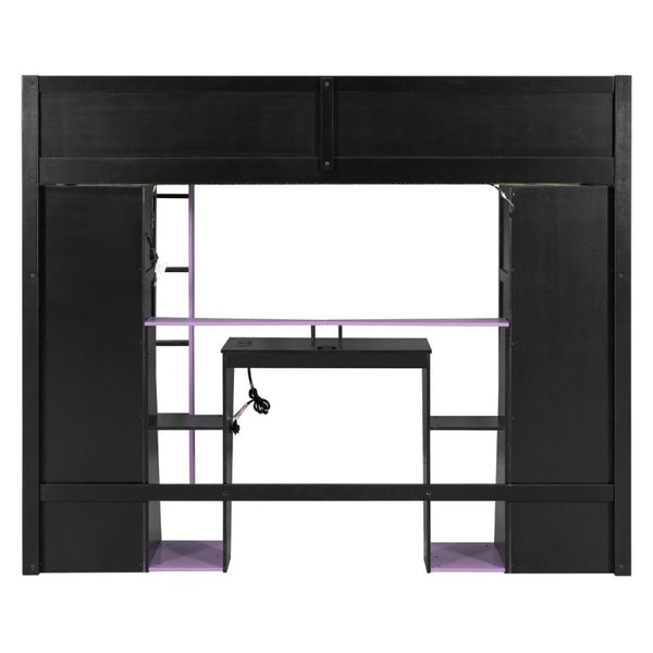English Elm Full-Size Gaming Loft Bed with RGB Lighting Desk Wardrobe and USB Charging Hub Purple LT000459AAI