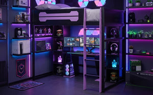 English Elm Full-Size Gaming Loft Bed with RGB Lighting Desk Wardrobe and USB Charging Hub Purple LT000459AAI