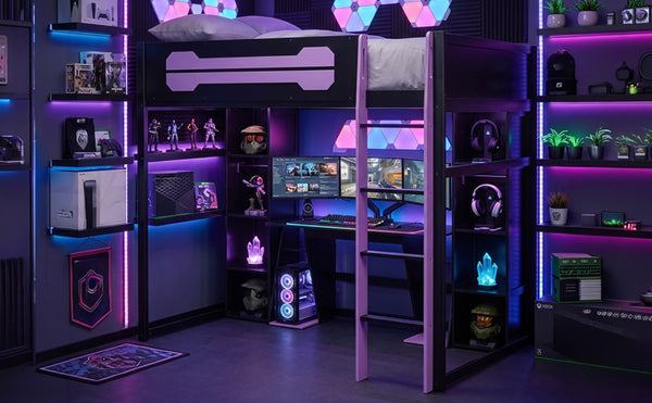 English Elm Full-Size Gaming Loft Bed with RGB Lighting Desk Wardrobe and USB Charging Hub Purple LT000459AAI