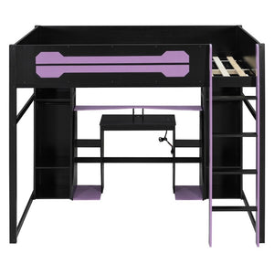 English Elm Full-Size Gaming Loft Bed with RGB Lighting Desk Wardrobe and USB Charging Hub Purple LT000459AAI