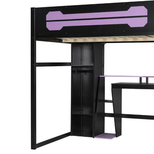 English Elm Full-Size Gaming Loft Bed with RGB Lighting Desk Wardrobe and USB Charging Hub Purple LT000459AAI