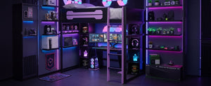English Elm Full-Size Gaming Loft Bed with RGB Lighting Desk Wardrobe and USB Charging Hub Purple LT000459AAI