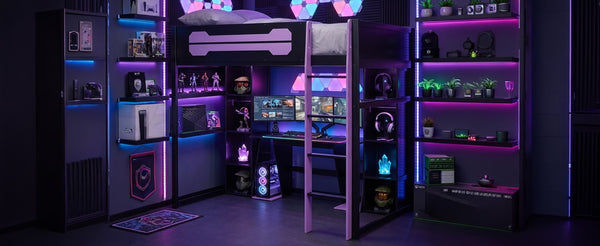 English Elm Full-Size Gaming Loft Bed with RGB Lighting Desk Wardrobe and USB Charging Hub Purple LT000459AAI