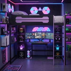English Elm Full-Size Gaming Loft Bed with RGB Lighting Desk Wardrobe and USB Charging Hub Purple LT000459AAI