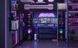 English Elm Full-Size Gaming Loft Bed with RGB Lighting Desk Wardrobe and USB Charging Hub Purple LT000459AAI