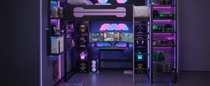 English Elm Full-Size Gaming Loft Bed with RGB Lighting Desk Wardrobe and USB Charging Hub Purple LT000459AAI