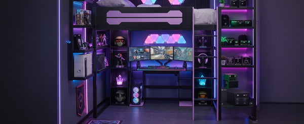 English Elm Full-Size Gaming Loft Bed with RGB Lighting Desk Wardrobe and USB Charging Hub Purple LT000459AAI