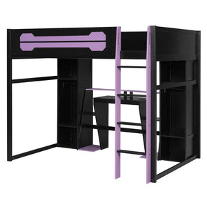 English Elm Full-Size Gaming Loft Bed with RGB Lighting Desk Wardrobe and USB Charging Hub Purple LT000459AAI