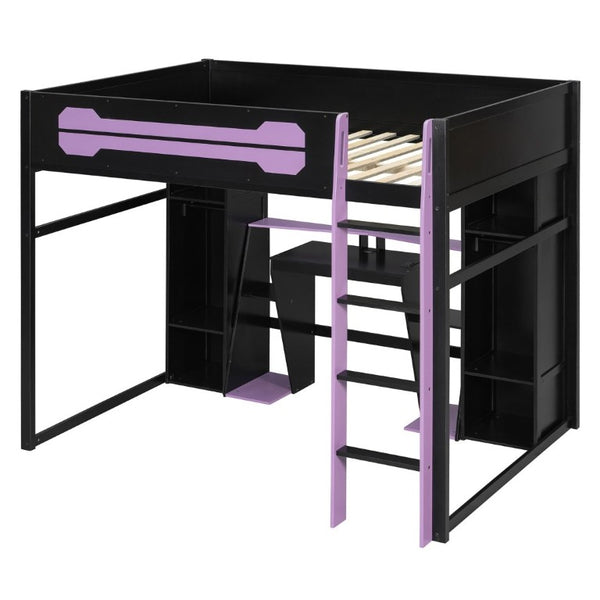 English Elm Full-Size Gaming Loft Bed with RGB Lighting Desk Wardrobe and USB Charging Hub Purple LT000459AAI