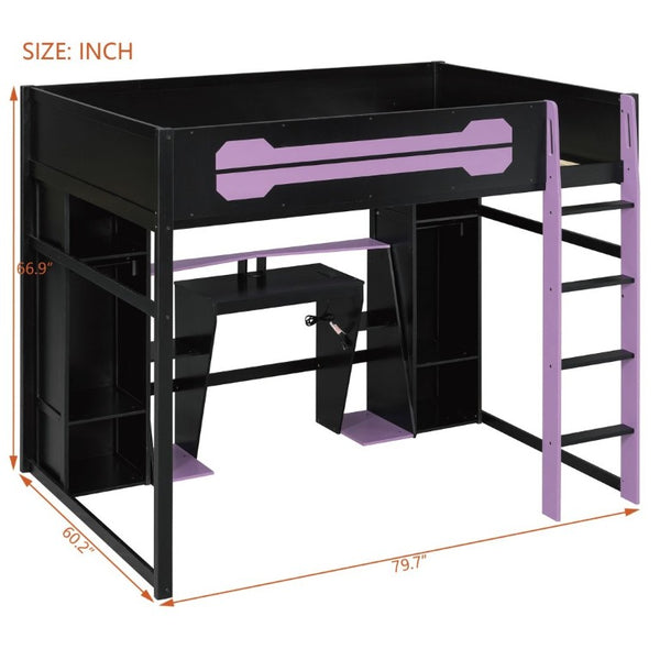English Elm Full-Size Gaming Loft Bed with RGB Lighting Desk Wardrobe and USB Charging Hub Purple LT000459AAI