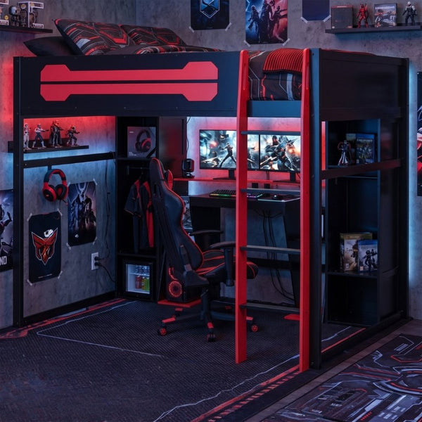 English Elm Full-Size Gaming Loft Bed with RGB Lighting Desk Wardrobe and USB Charging Hub Black+Red LT000459AAJ