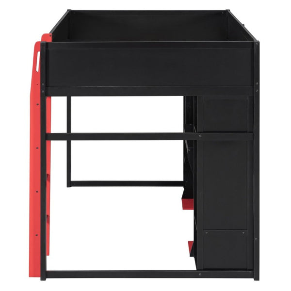 English Elm Full-Size Gaming Loft Bed with RGB Lighting Desk Wardrobe and USB Charging Hub Black+Red LT000459AAJ