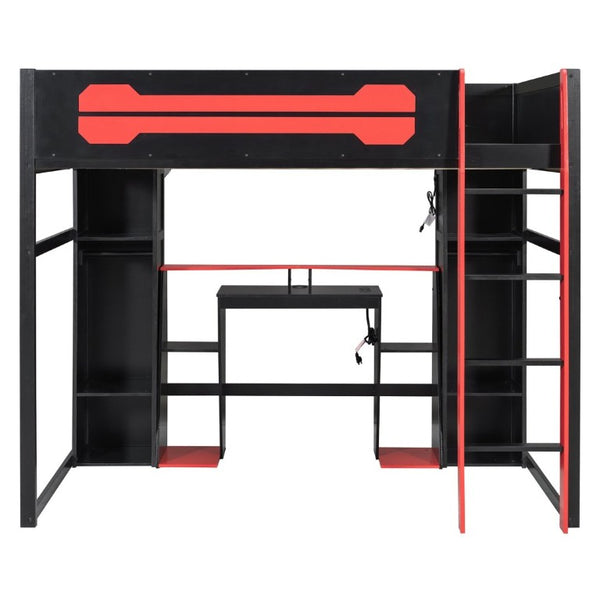 English Elm Full-Size Gaming Loft Bed with RGB Lighting Desk Wardrobe and USB Charging Hub Black+Red LT000459AAJ