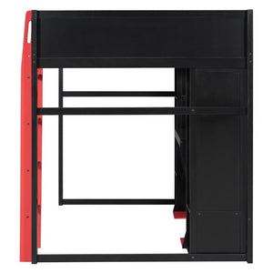 English Elm Full-Size Gaming Loft Bed with RGB Lighting Desk Wardrobe and USB Charging Hub Black+Red LT000459AAJ