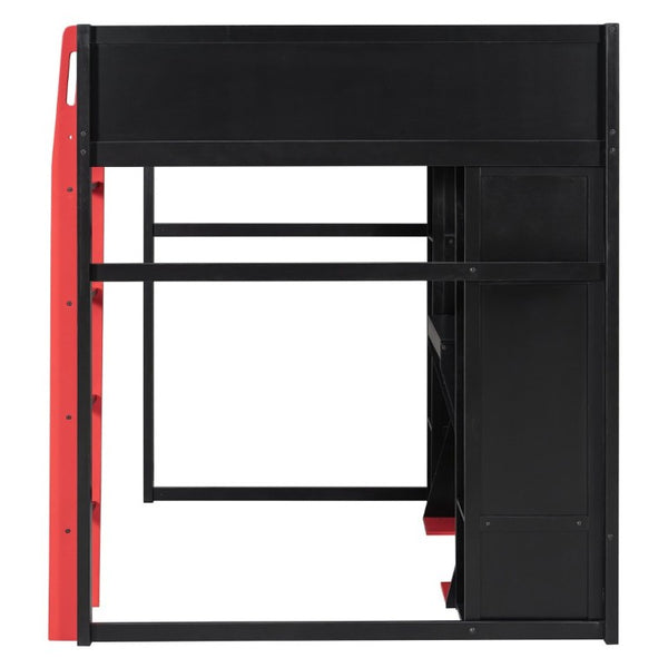 English Elm Full-Size Gaming Loft Bed with RGB Lighting Desk Wardrobe and USB Charging Hub Black+Red LT000459AAJ