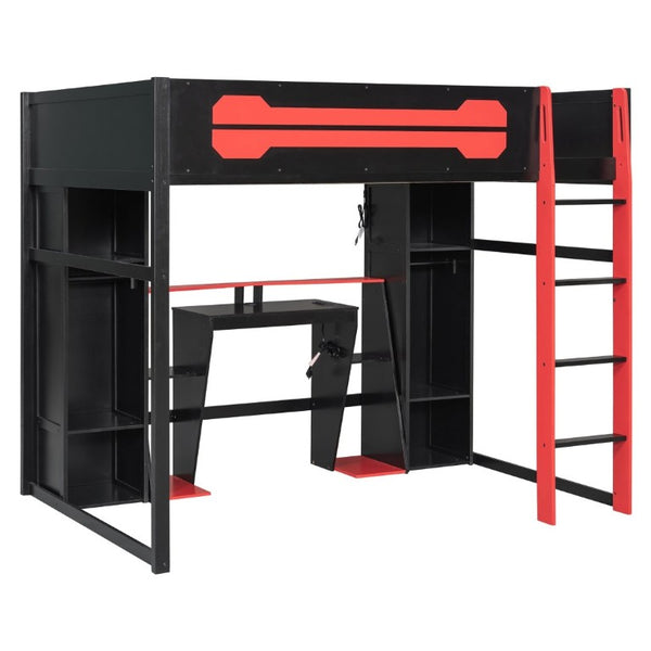 English Elm Full-Size Gaming Loft Bed with RGB Lighting Desk Wardrobe and USB Charging Hub Black+Red LT000459AAJ