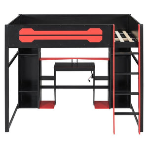 English Elm Full-Size Gaming Loft Bed with RGB Lighting Desk Wardrobe and USB Charging Hub Black+Red LT000459AAJ