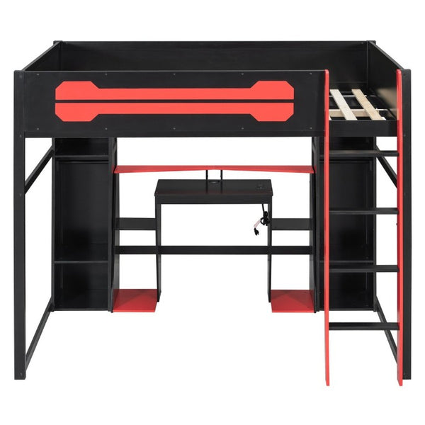 English Elm Full-Size Gaming Loft Bed with RGB Lighting Desk Wardrobe and USB Charging Hub Black+Red LT000459AAJ