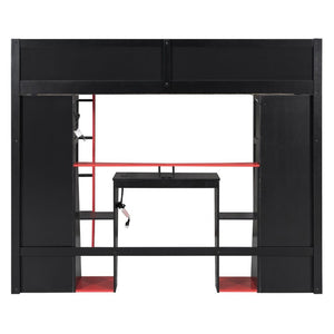 English Elm Full-Size Gaming Loft Bed with RGB Lighting Desk Wardrobe and USB Charging Hub Black+Red LT000459AAJ