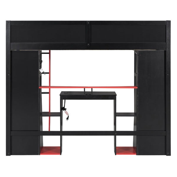 English Elm Full-Size Gaming Loft Bed with RGB Lighting Desk Wardrobe and USB Charging Hub Black+Red LT000459AAJ