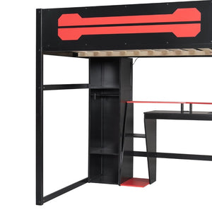 English Elm Full-Size Gaming Loft Bed with RGB Lighting Desk Wardrobe and USB Charging Hub Black+Red LT000459AAJ