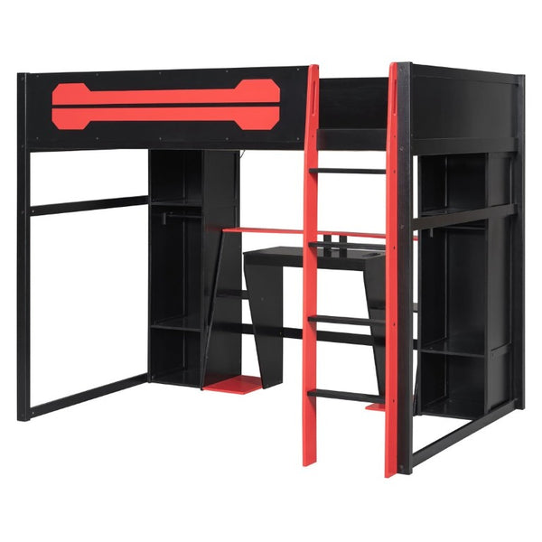 English Elm Full-Size Gaming Loft Bed with RGB Lighting Desk Wardrobe and USB Charging Hub Black+Red LT000459AAJ