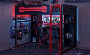English Elm Full-Size Gaming Loft Bed with RGB Lighting Desk Wardrobe and USB Charging Hub Black+Red LT000459AAJ
