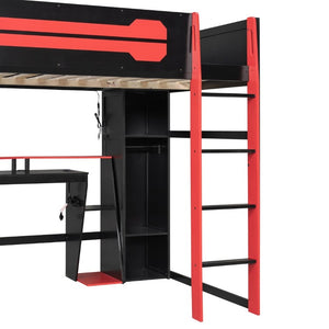 English Elm Full-Size Gaming Loft Bed with RGB Lighting Desk Wardrobe and USB Charging Hub Black+Red LT000459AAJ