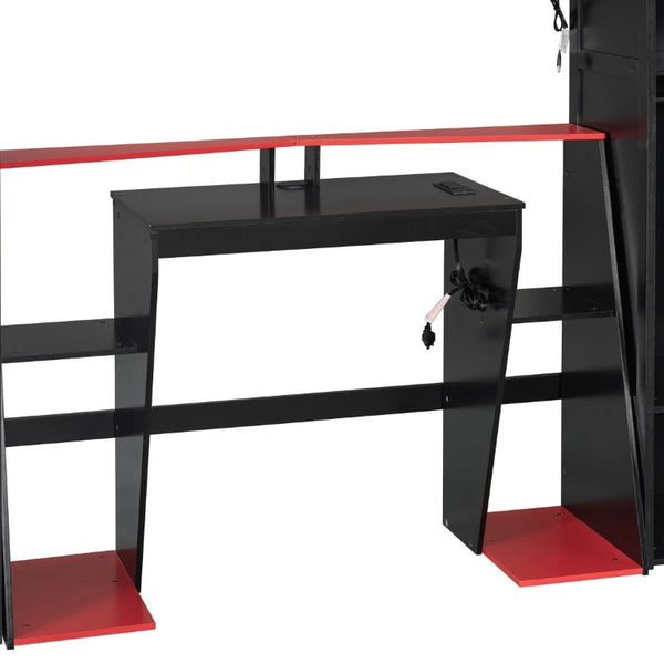 English Elm Full-Size Gaming Loft Bed with RGB Lighting Desk Wardrobe and USB Charging Hub Black+Red LT000459AAJ