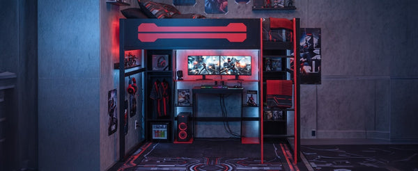 English Elm Full-Size Gaming Loft Bed with RGB Lighting Desk Wardrobe and USB Charging Hub Black+Red LT000459AAJ