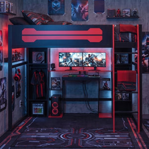 English Elm Full-Size Gaming Loft Bed with RGB Lighting Desk Wardrobe and USB Charging Hub Black+Red LT000459AAJ