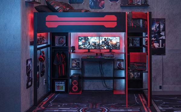 English Elm Full-Size Gaming Loft Bed with RGB Lighting Desk Wardrobe and USB Charging Hub Black+Red LT000459AAJ