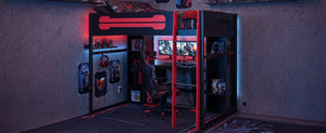 English Elm Full-Size Gaming Loft Bed with RGB Lighting Desk Wardrobe and USB Charging Hub Black+Red LT000459AAJ