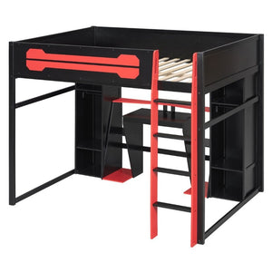 English Elm Full-Size Gaming Loft Bed with RGB Lighting Desk Wardrobe and USB Charging Hub Black+Red LT000459AAJ