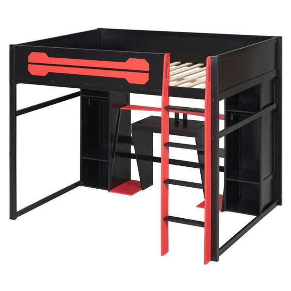 English Elm Full-Size Gaming Loft Bed with RGB Lighting Desk Wardrobe and USB Charging Hub Black+Red LT000459AAJ