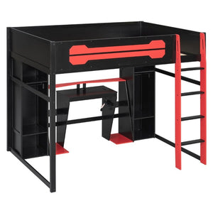 English Elm Full-Size Gaming Loft Bed with RGB Lighting Desk Wardrobe and USB Charging Hub Black+Red LT000459AAJ