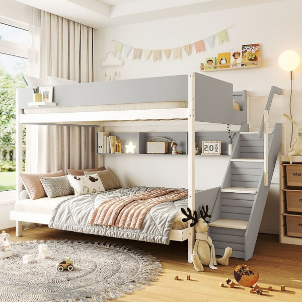 English Elm Twin Over Full Bunk Bed with Staircase Side Shelves LED Lighting for Kids Rooms Gray LT000460AAE