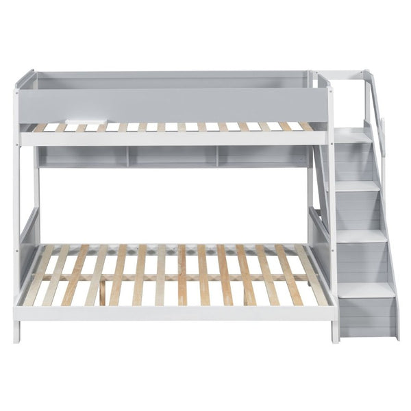 English Elm Twin Over Full Bunk Bed with Staircase Side Shelves LED Lighting for Kids Rooms Gray LT000460AAE