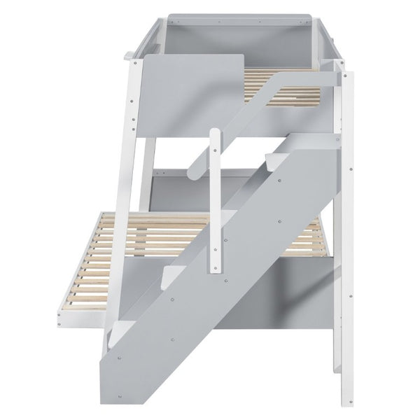 English Elm Twin Over Full Bunk Bed with Staircase Side Shelves LED Lighting for Kids Rooms Gray LT000460AAE