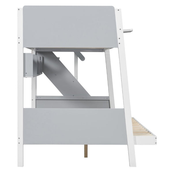 English Elm Twin Over Full Bunk Bed with Staircase Side Shelves LED Lighting for Kids Rooms Gray LT000460AAE