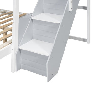 English Elm Twin Over Full Bunk Bed with Staircase Side Shelves LED Lighting for Kids Rooms Gray LT000460AAE