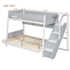 English Elm Twin Over Full Bunk Bed with Staircase Side Shelves LED Lighting for Kids Rooms Gray LT000460AAE