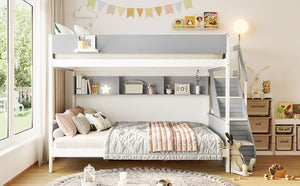 English Elm Twin Over Full Bunk Bed with Staircase Side Shelves LED Lighting for Kids Rooms Gray LT000460AAE