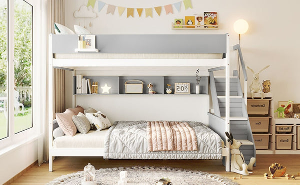 English Elm Twin Over Full Bunk Bed with Staircase Side Shelves LED Lighting for Kids Rooms Gray LT000460AAE