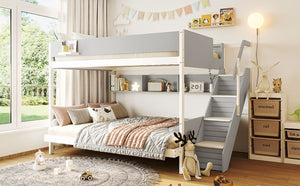 English Elm Twin Over Full Bunk Bed with Staircase Side Shelves LED Lighting for Kids Rooms Gray LT000460AAE