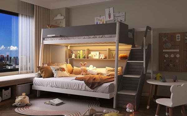 English Elm Twin Over Full Bunk Bed with Staircase Side Shelves LED Lighting for Kids Rooms Gray LT000460AAE